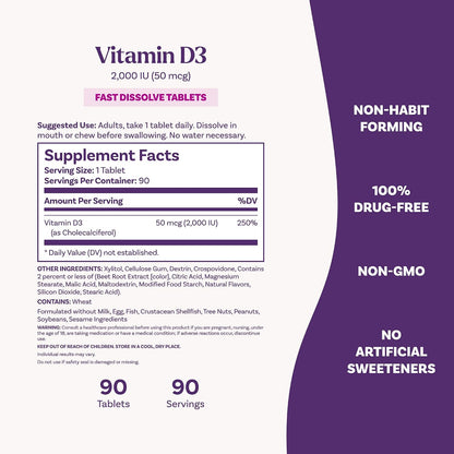 Natrol Vitamin D3 2,000 IU Fast Dissolve Tablets - Bone & Joint Health, 90 Tablets
