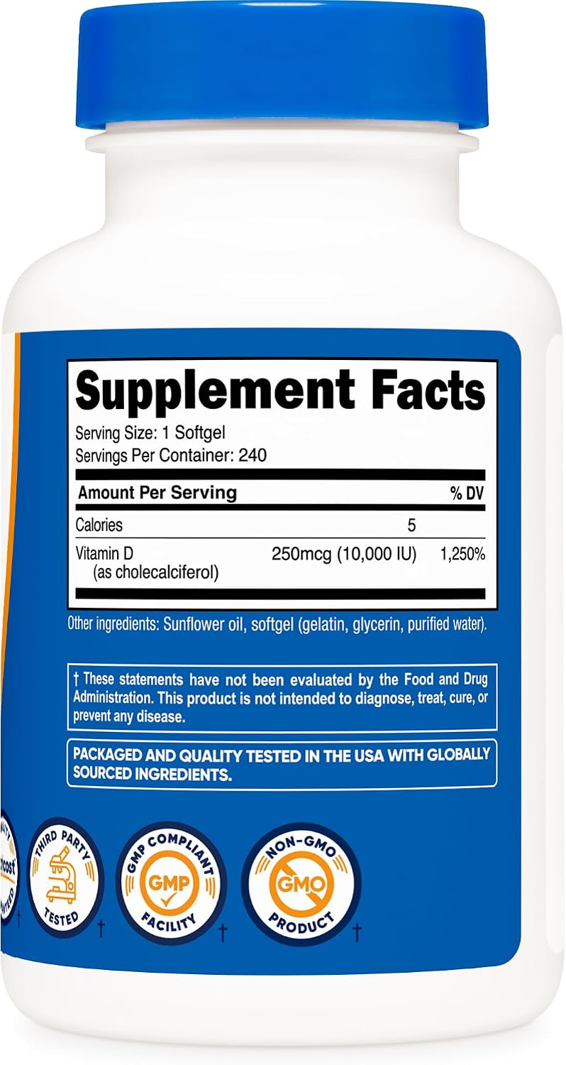 Nutricost Vitamin D3 10,000 IU, 240 Soft gel capsule Capsules – Potent, Non-GM, Gluten-free Vitamin D - görsel 5
