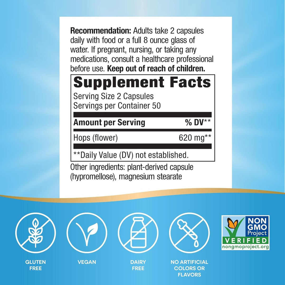 Nature’s Way Hops Flowers, Traditionally Used to Calm Restlessness*, 620 mg per 2-capsule Serving, Herbal Food Supplement, Vegan, Gluten-free & Dairy-free, 100 Capsules (Packaging May Vary) - görsel 5