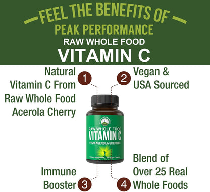 Peak Performance Raw Whole Food Vitamin C – Acerola Cherry, 500 mg, 90 Capsules