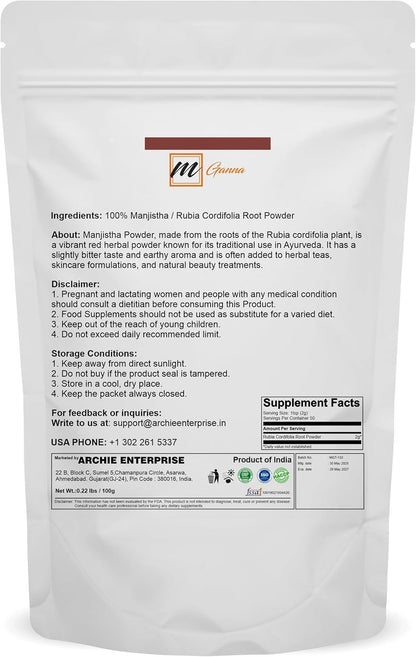 Manjistha (Rubia Cordifolia) Madder Root Powder for Skin and Hair Care 100 g