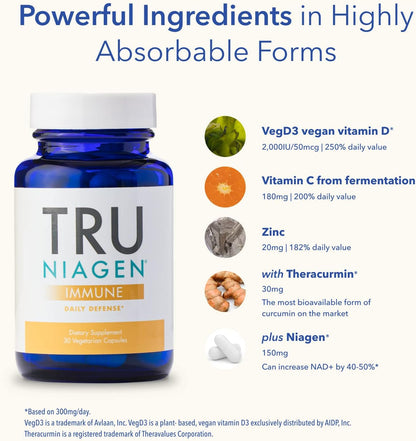TRU NIAGEN Immune Support Supplement – Daily Defence with Niagen, Vitamin C, D3, Zinc & Theracurmin, 30ct