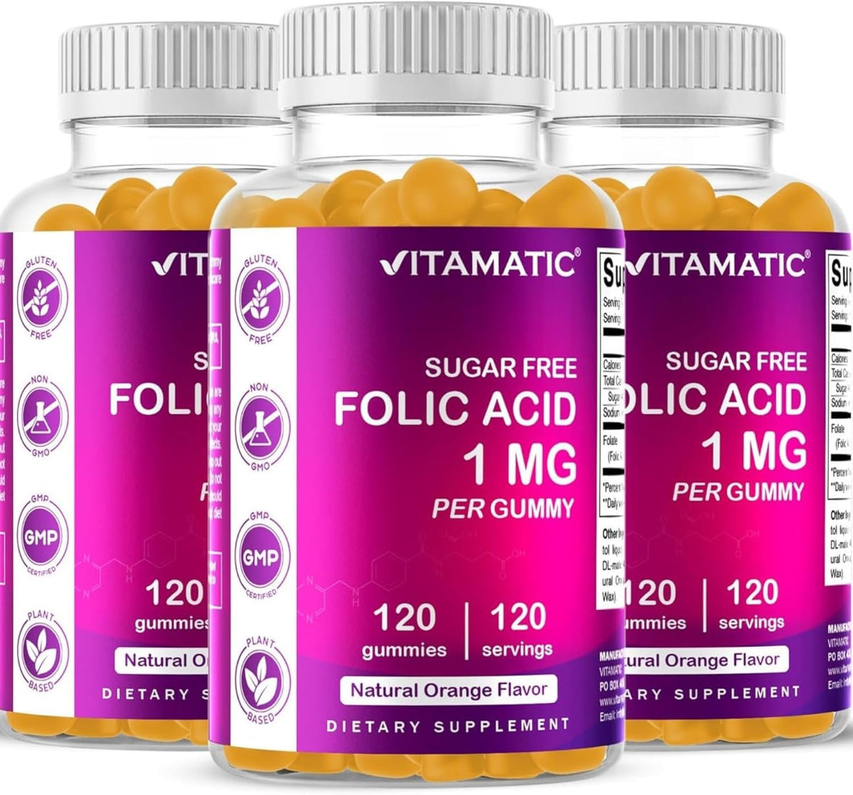 Vitamatic Folic Acid Gummies 1000 mcg (1 mg) - Prenatal Vitamin B9 Supplement, 120 Vegan Gummies (3-Pack) - görsel 1