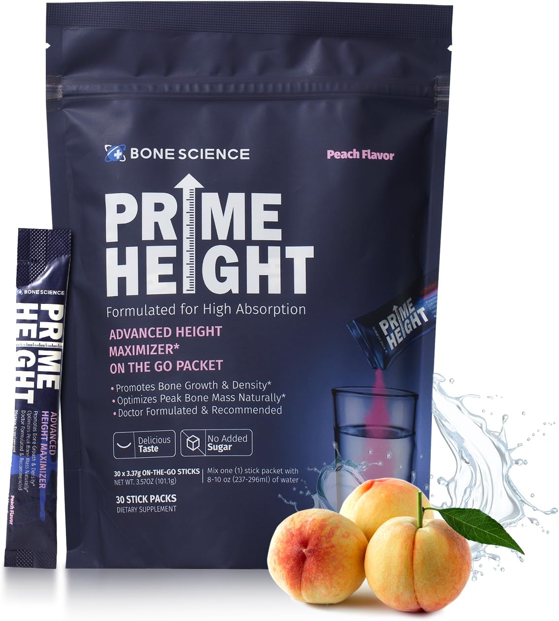 BONE SCIENCE Primeheight Multivitamin Powder for Kids & Teens, Bone & Immune Support, Sugar-Free Peach Flavour, 16 Key Nutrients, Easy Drink Mix, 30 Sticks - görsel 1