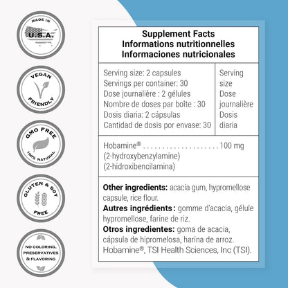 Supersmart 2-HOBA Food Supplement 100mg per Day (Hobamine) - 2-Hydroxybenzylamine | Non-GMO & Gluten-free - 60 Vegetarian Capsules
