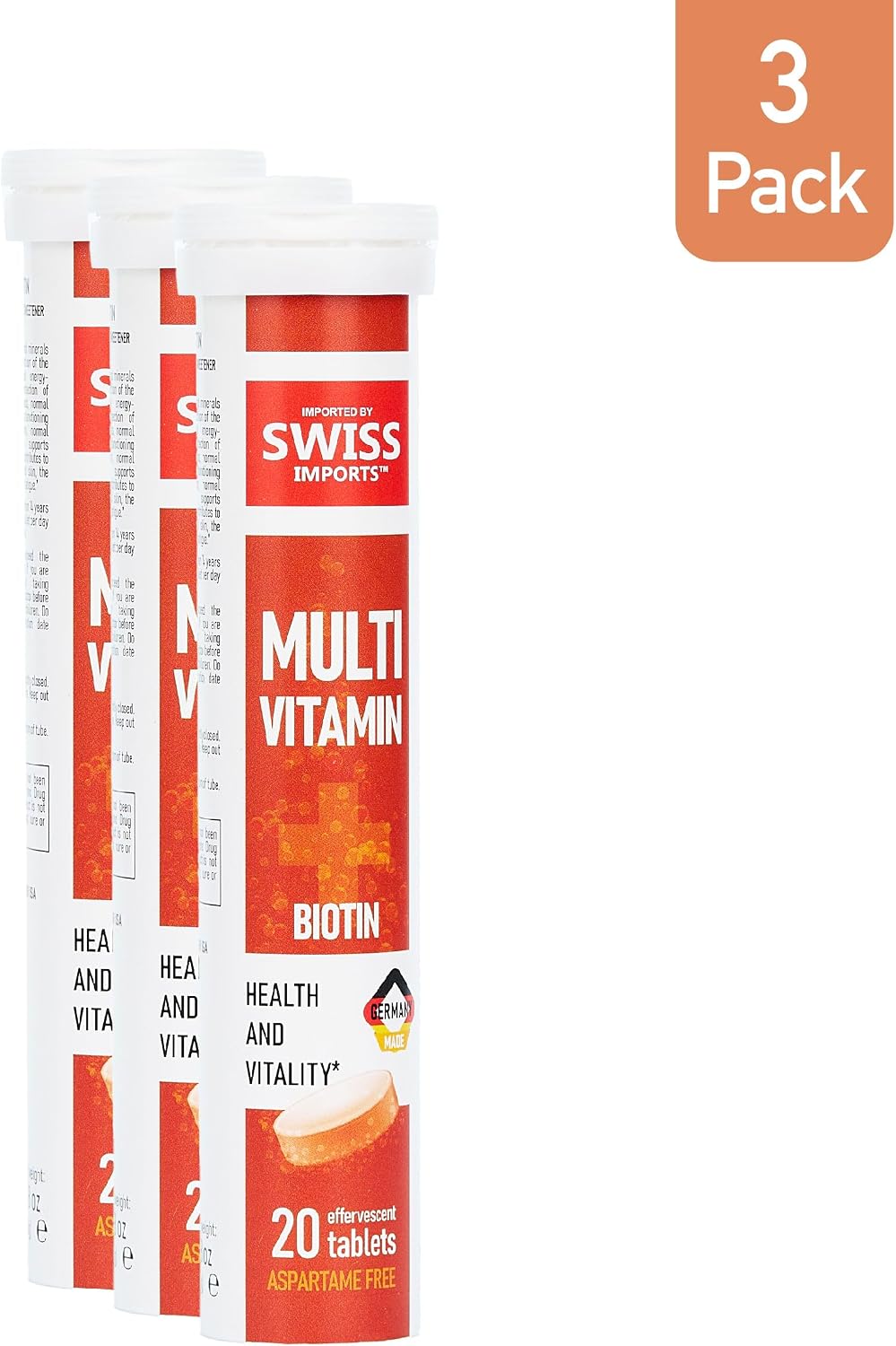 Swiss Imports Effervescent Multivitamins with Biotin for Wellness and Vitality Food Supplement with Vitamins C, E, B1, B2, B6, B12, A, and D3, 3-Pack, 60 Tablets - görsel 2