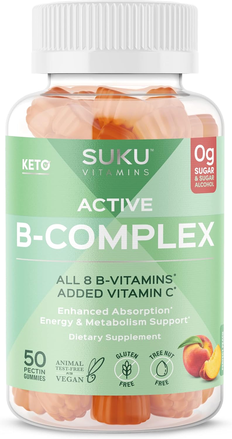 SUKU Vitamin B Complex Gummies with Vitamin C – Sugar Free Vegan 8 B Vitamins, Peach Flavour (50 Gummies) - görsel 1