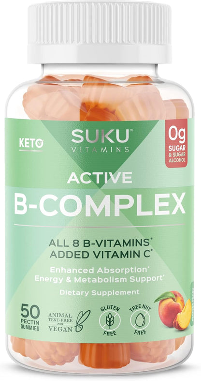 SUKU Vitamin B Complex Gummies with Vitamin C – Sugar Free Vegan 8 B Vitamins, Peach Flavour (50 Gummies)