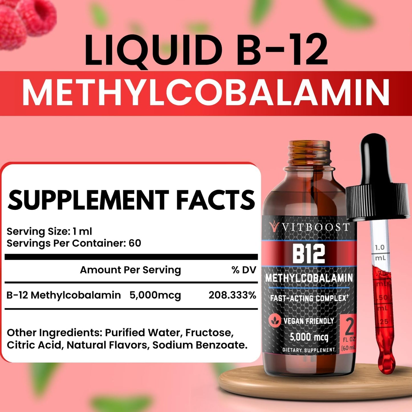VITBOOST Vegan Liquid B-12 Drops – 5000 mcg Methylcobalamin, Raspberry Flavour, Sublingual, 60 Servings - görsel 2