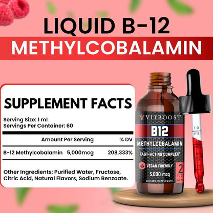 VITBOOST Vegan Liquid B-12 Drops – 5000 mcg Methylcobalamin, Raspberry Flavour, Sublingual, 60 Servings