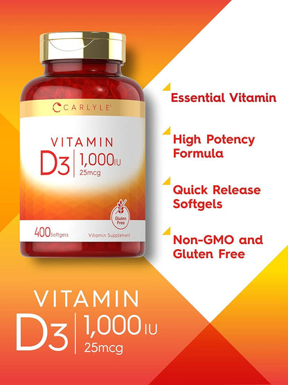 Carlyle Vitamin D3 1000 IU | 25 mcg | 400 Softgels | High Potency | Non-GM & Gluten-free Supplement