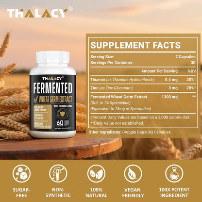 Thalacy Spermidine 13mg + Zinc – Wheat Germ Extract Capsules for Healthy Ageing & Cell Renewal, 60 Count