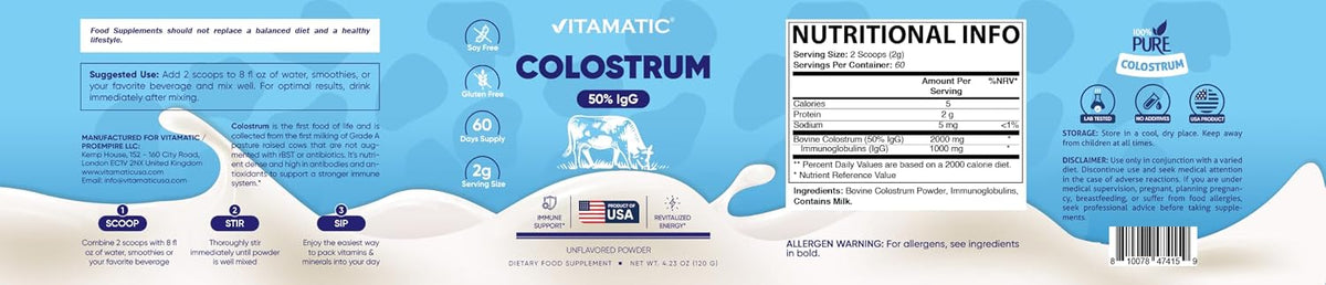 Vitamatic Bovine Colostrum Powder - 50% IgG, Unflavoured - 120g (60 Servings) - görsel 9