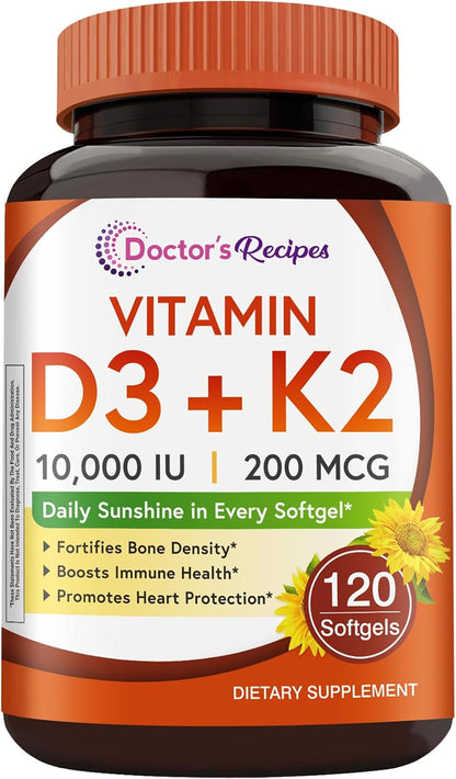 Doctor's Recipes Vitamin D3 K2, 10,000 IU, 200 mcg, MK-7, Supports Normal Bone Maintenance, Teeth, Immune Function, Blood Coagulation, Energy, Calcium Absorption, No Soya & Gluten, Non-GM, 120 Soft gel capsules
