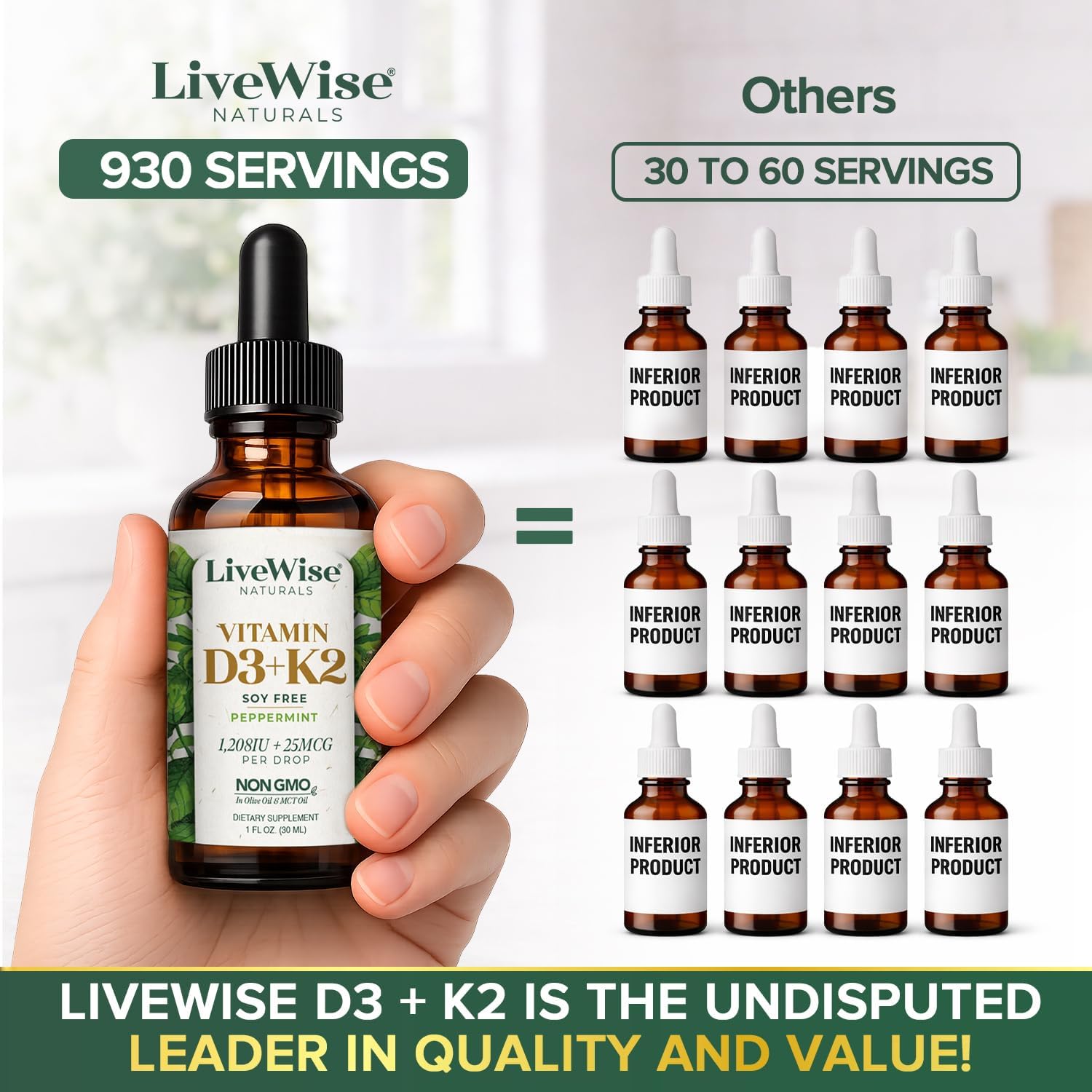 Live Wise Naturals Vitamin D3 K2 (MK-7) Peppermint Drops - 930 Drops, 1208 IU D3, 25 mcg K2 - görsel 2