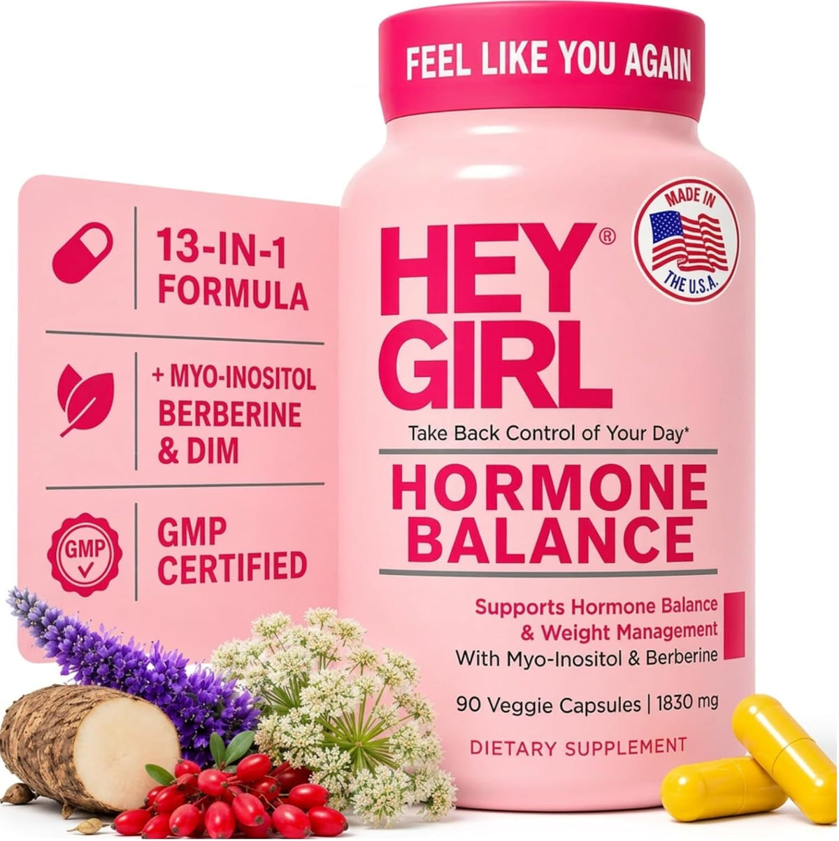 Hey Girl Hormone Balance for Women – DIM, Myo-Inositol & Berberine Supplement for Menopause, Perimenopause, PMS & PCOS Support – Mood, Energy & Cycle Support with Maca & Black Cohosh, 90 Capsules - görsel 1