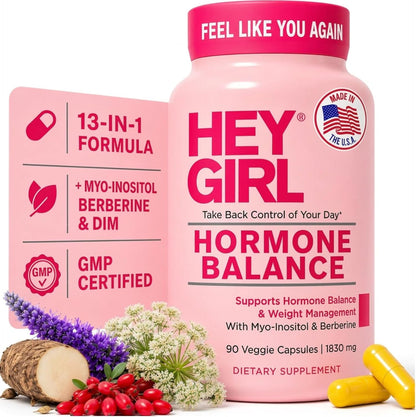Hey Girl Hormone Balance for Women – DIM, Myo-Inositol & Berberine Supplement for Menopause, Perimenopause, PMS & PCOS Support – Mood, Energy & Cycle Support with Maca & Black Cohosh, 90 Capsules