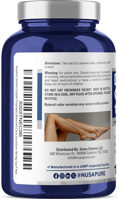 NusaPure Diosmin Complex 1,000mg per Serving (180 Veggie Capsules) - Non-GMO, Vegan