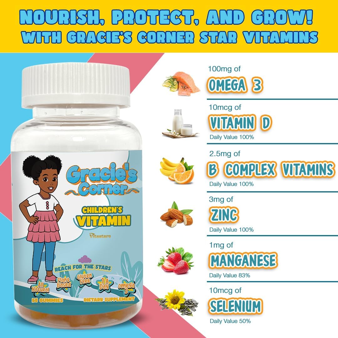 Gracie’s Corner Stars Kids Multivitamin Gummies with Omega-3 - Children’s Vitamins A, B, C, D - Star-Shaped Toddler Multivitamins, Plant-Based, Gluten-free Kids Gummy Vitamins, 60 Count - görsel 2