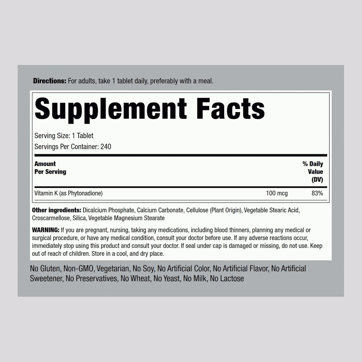 Piping Rock Vitamin K, 100 mcg, 240 Tablets - görsel 2