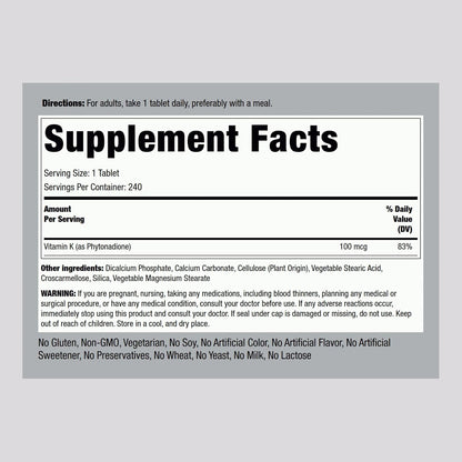 Piping Rock Vitamin K, 100 mcg, 240 Tablets