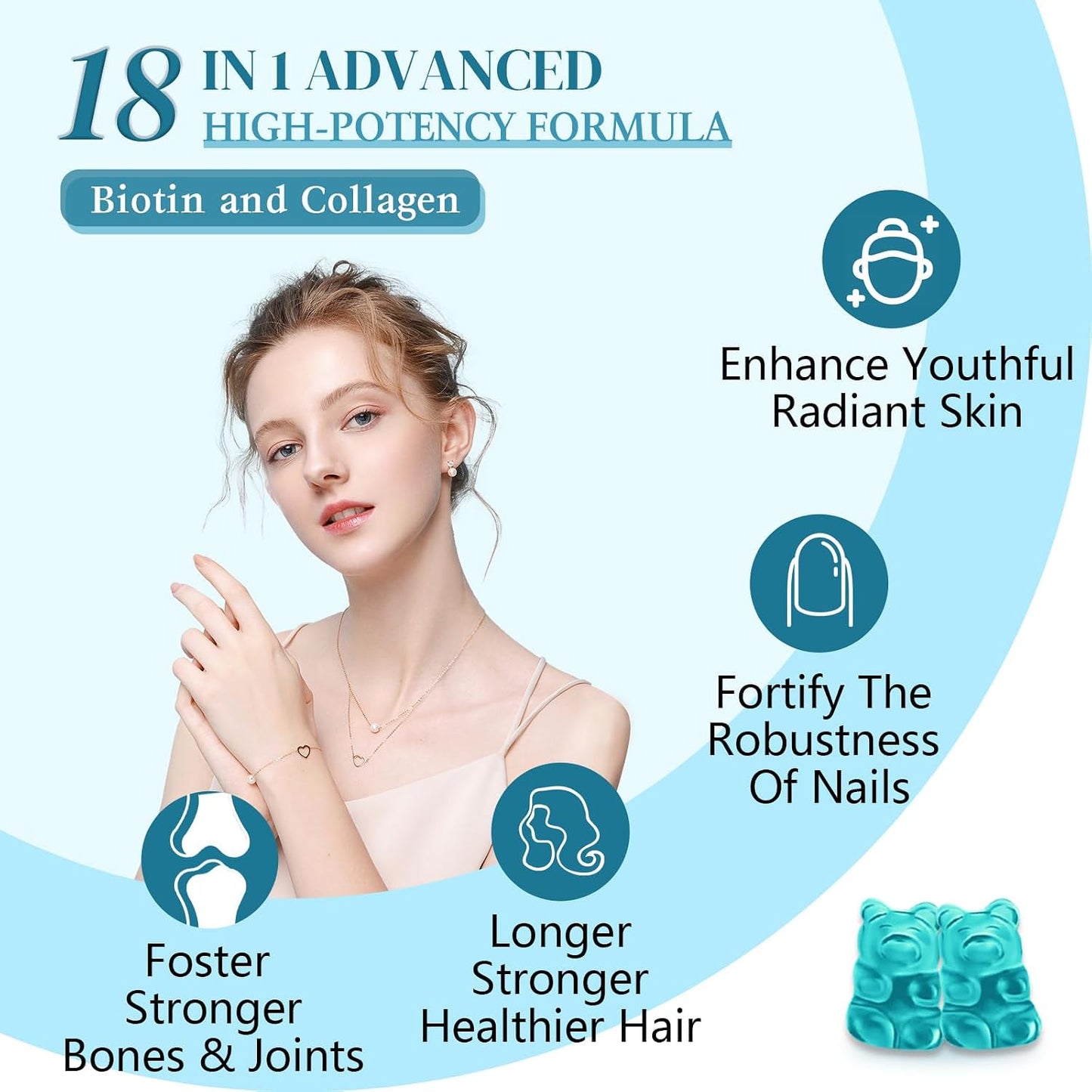 Biotin Gummies with Collagen, Keratin & Hyaluronic Acid - 60 Blueberry Gummies - görsel 3