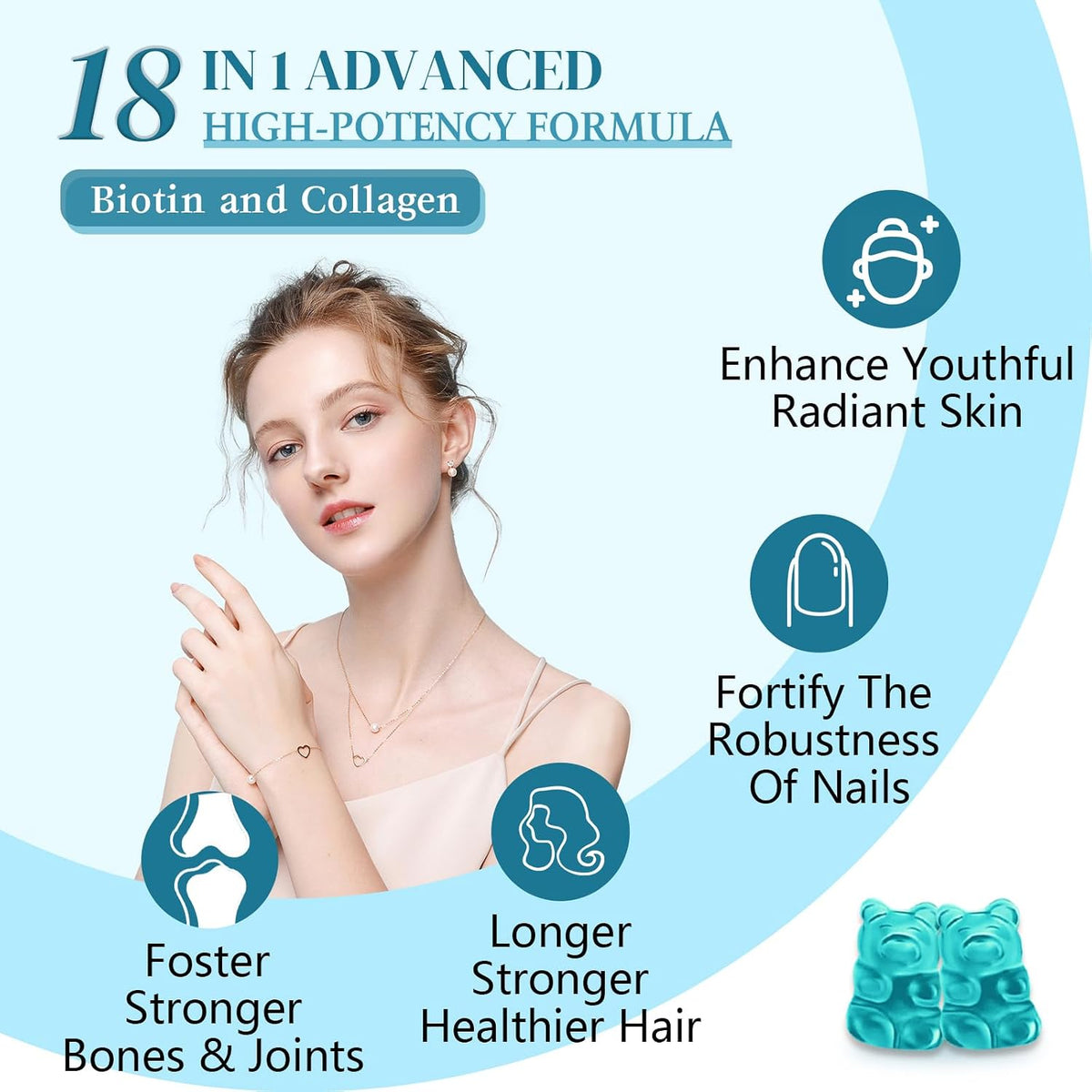 Biotin Gummies with Collagen, Keratin & Hyaluronic Acid - 60 Blueberry Gummies - görsel 3