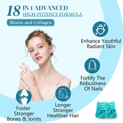 Biotin Gummies with Collagen, Keratin & Hyaluronic Acid - 60 Blueberry Gummies