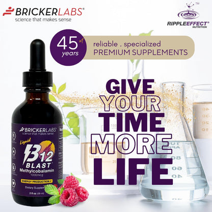 Bricker Labs B12 Blast Methylcobalamin 1000mcg Sublingual Liquid - Vegan B12 Energy Supplement, 2 fl oz