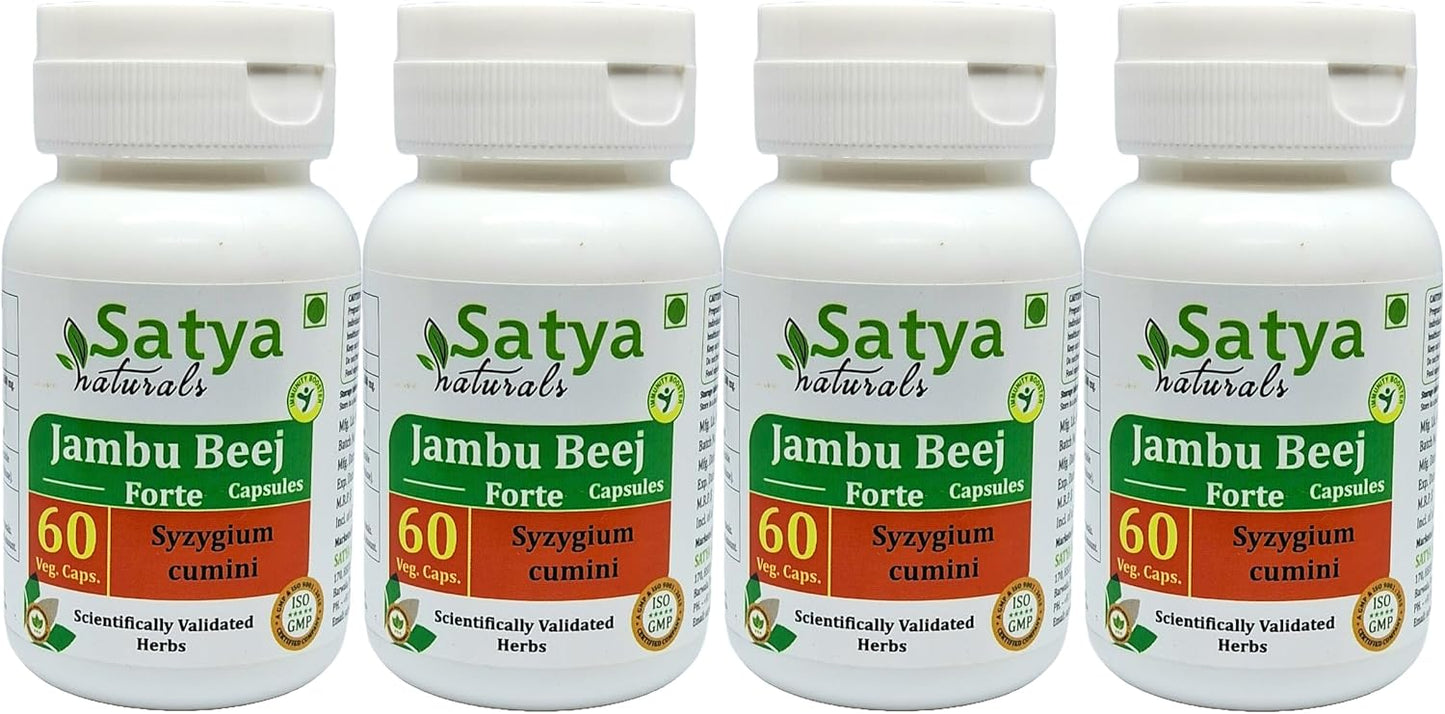 Jambu Beej Forte Capsules 500 mg, 60 Vegetarian Capsules | Jamun Seed (Syzygium Cumini) Extract | Ayurvedic Herbal Supplement | 10:1 Forte (4 Bottles of 60 Capsules) - görsel 1