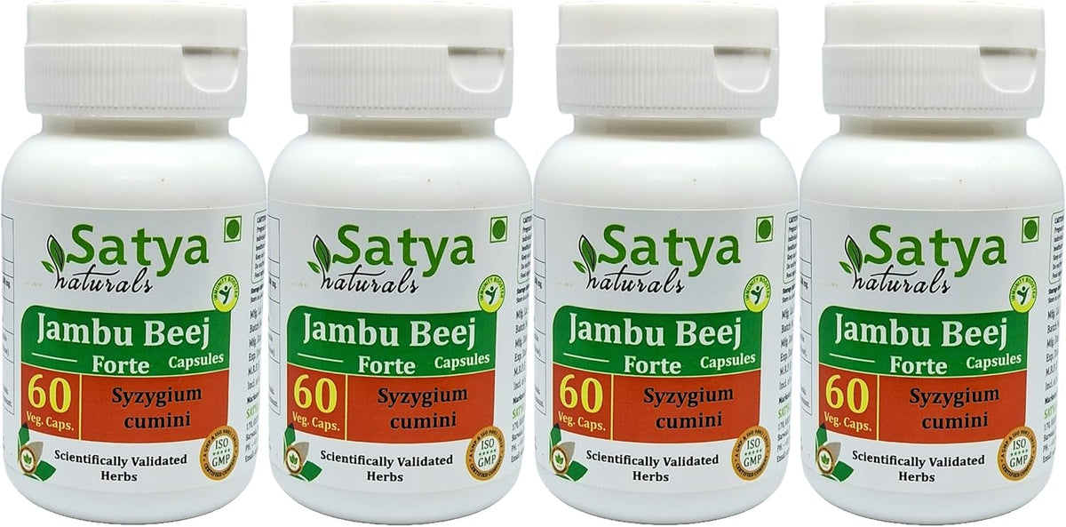 Jambu Beej Forte Capsules 500 mg, 60 Vegetarian Capsules | Jamun Seed (Syzygium Cumini) Extract | Ayurvedic Herbal Supplement | 10:1 Forte (4 Bottles of 60 Capsules) - görsel 1