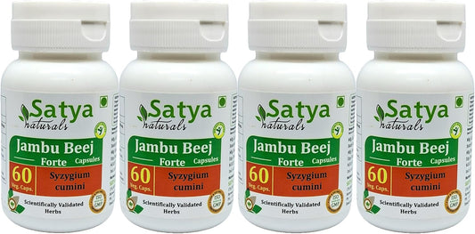 Jambu Beej Forte Capsules 500 mg, 60 Vegetarian Capsules | Jamun Seed (Syzygium Cumini) Extract | Ayurvedic Herbal Supplement | 10:1 Forte (4 Bottles of 60 Capsules)