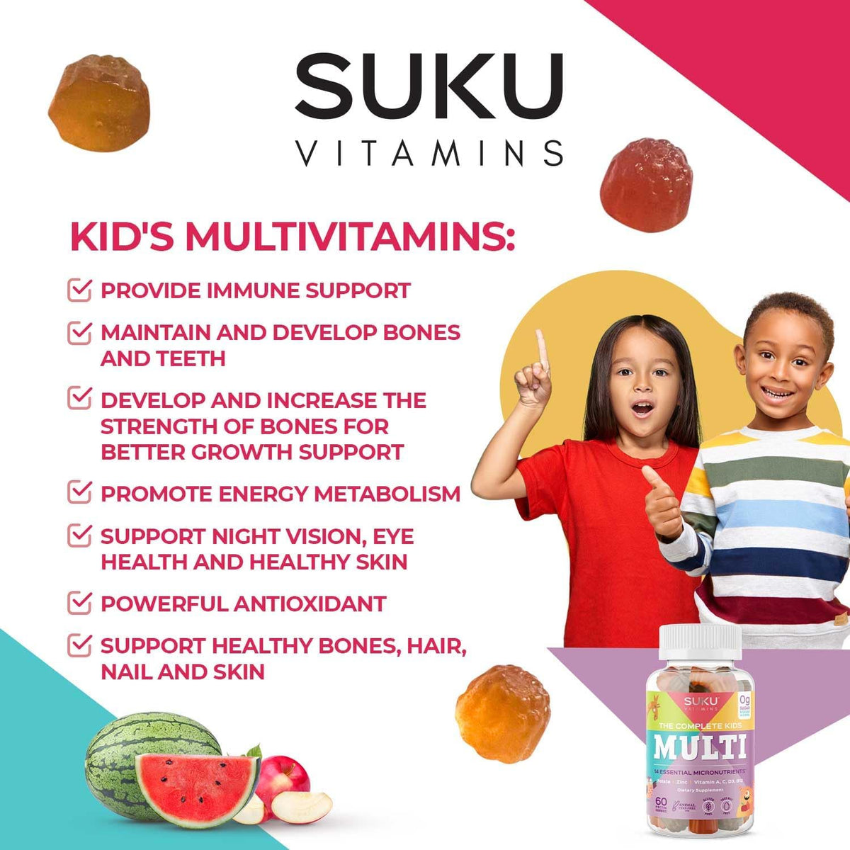 SUKU The Complete Kids Multivitamin Gummies – Sugar-Free, Gluten-Free, Non-GMO, Tropical Bonanza Flavour (60 Count) - görsel 7