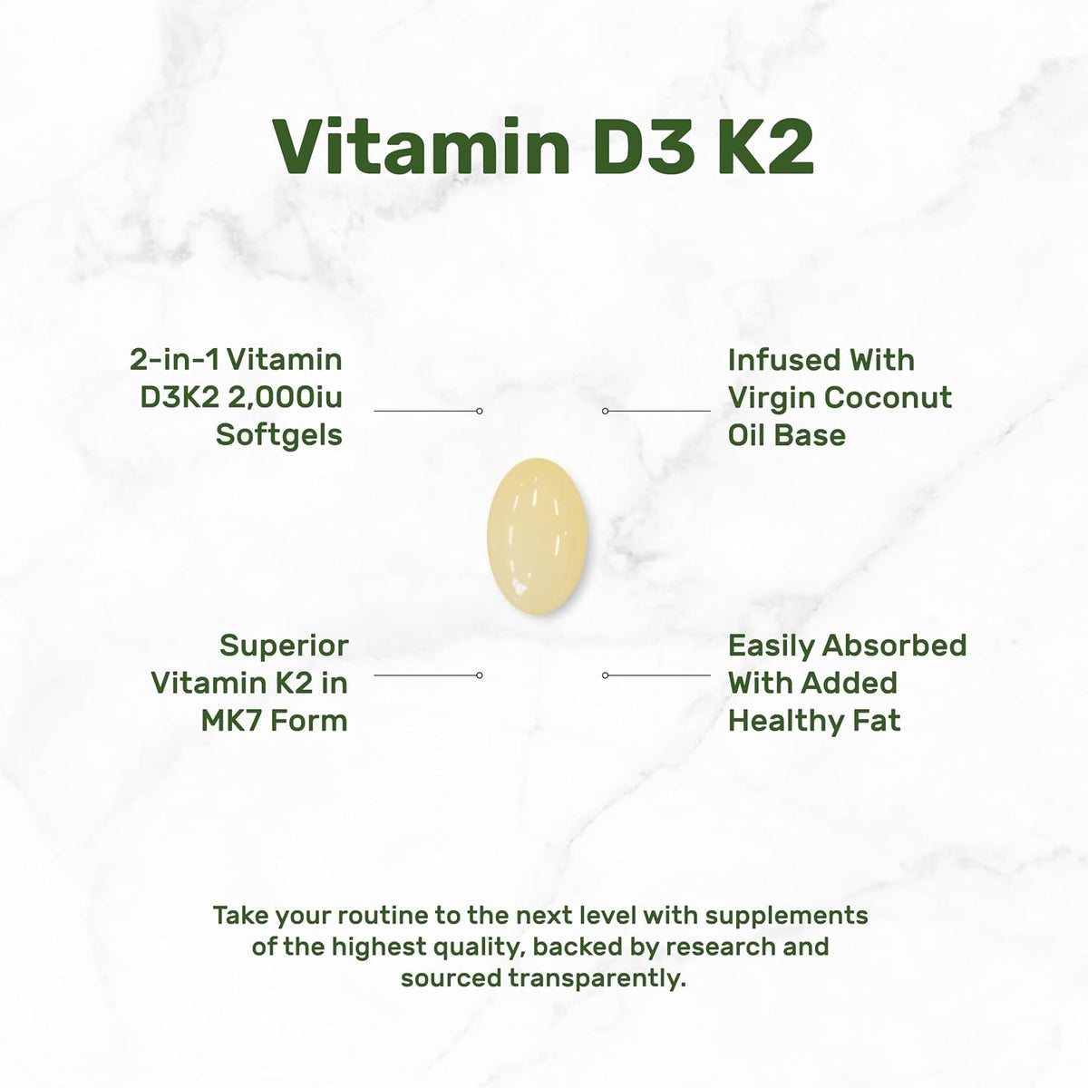 DEAL SUPPLEMENT Vitamin D3 2,000 IU + K2 MK7 50mcg Soft gel capsules with Virgin Coconut Oil - görsel 3