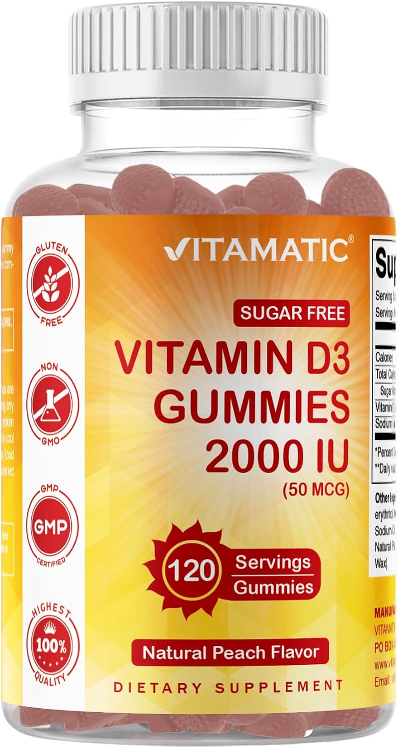 Vitamatic Sugar Free Vitamin D3 2000 IU Gummies - Peach Flavour, 120 Count - görsel 1