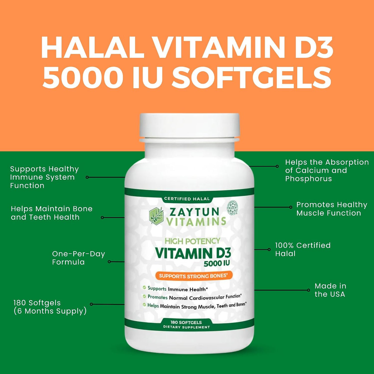 Zaytun Halal Vitamin D3 5000 IU, 6-Month Supply, Contributes to Normal Bones, Muscle Function and Immune Health, Premium Vitamin D from Safflower Oil, Non-GMO, Gluten-Free, 180 Mini Softgels - görsel 6