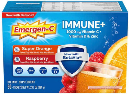 Emergen-C Immune+ 1000 mg Vitamin C with Vitamin D and Zinc, Super Orange and Raspberry, 90 Packets