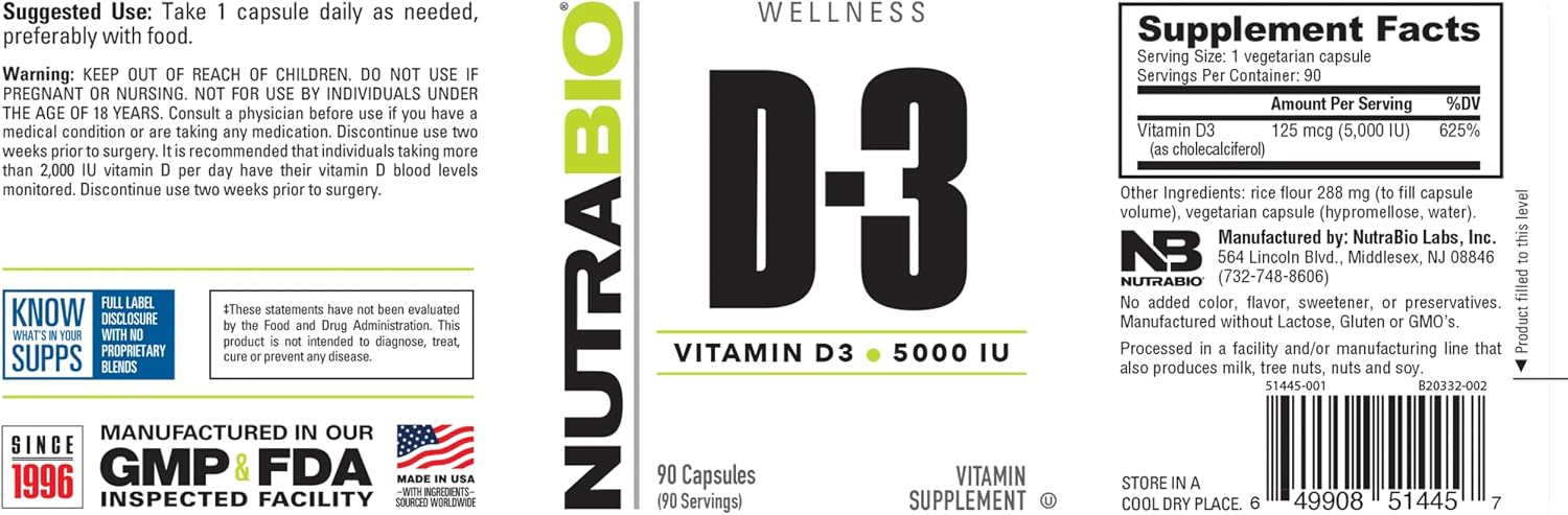 NutraBio Vitamin D3 5000 IU – Immune and Bone Health Support – 90 Vegetable Capsules - görsel 3