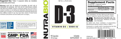 NutraBio Vitamin D3 5000 IU – Immune and Bone Health Support – 90 Vegetable Capsules