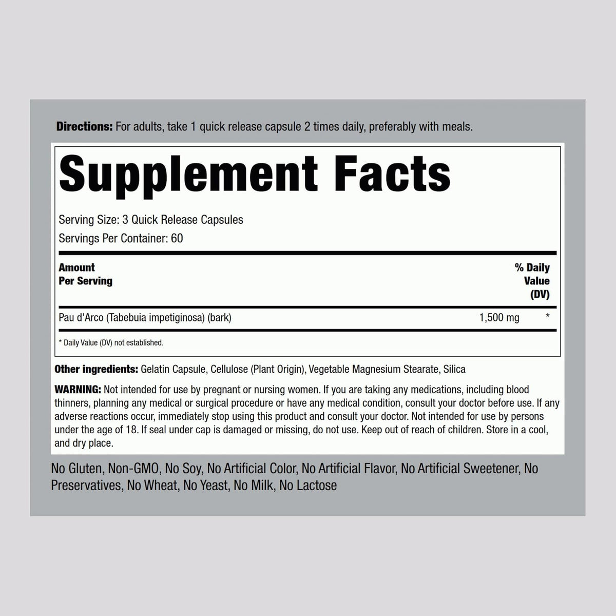 Piping Rock PAU D'Arco Capsules | 1500 mg | 180 Capsules | Inner Bark | Herb Extract Supplement | Non-GMO, Gluten-free - görsel 2