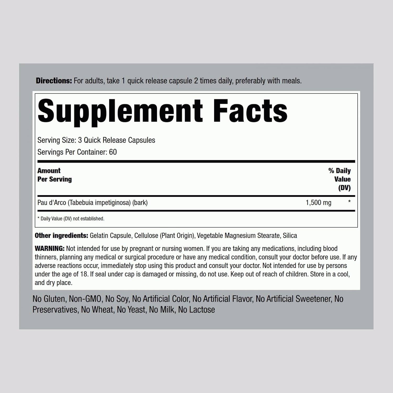 Piping Rock PAU D'Arco Capsules | 1500 mg | 180 Capsules | Inner Bark | Herb Extract Supplement | Non-GMO, Gluten-free - görsel 2