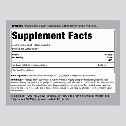 Piping Rock PAU D'Arco Capsules | 1500 mg | 180 Capsules | Inner Bark | Herb Extract Supplement | Non-GMO, Gluten-free
