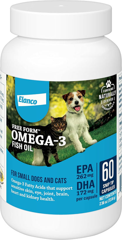 Free Form Snip Tips Omega-3 Fish Oil Liquid Supplement for Small Dogs and Cats, 60 Capsules