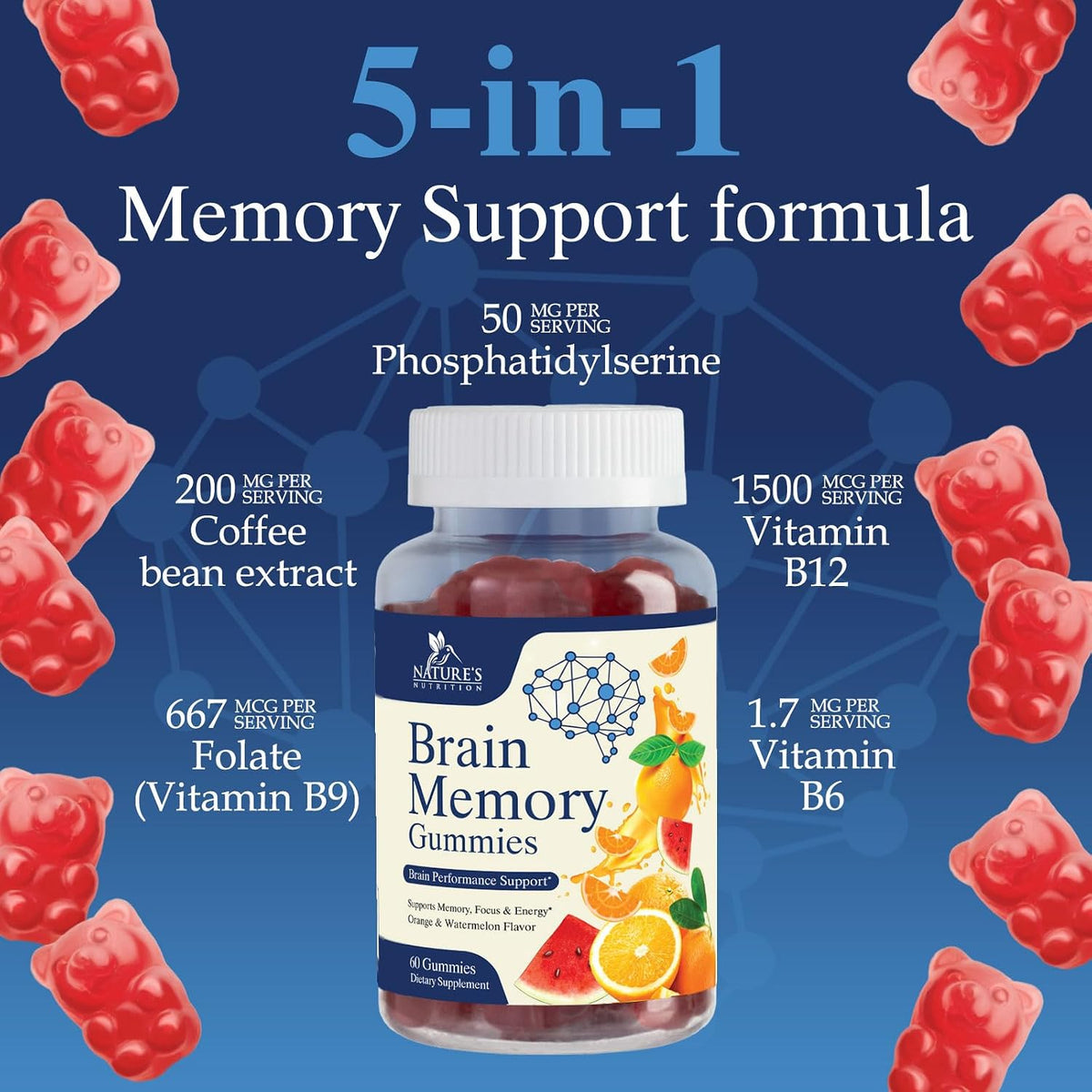Brain Supplement Gummies - 3X Strength with Phosphatidylserine, B6, B12 & Nootropics for Memory, Focus, Concentration - 60 Gummies - görsel 6