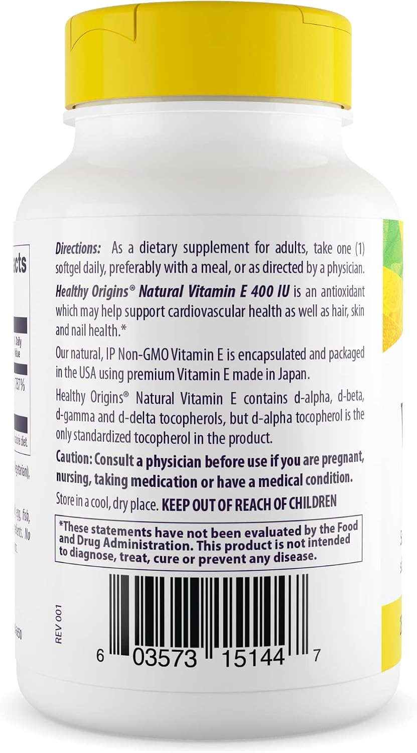 Healthy Origins Vitamin E 400 IU (268 mg) Natural Mixed Tocopherols Liquid Softgels - görsel 3