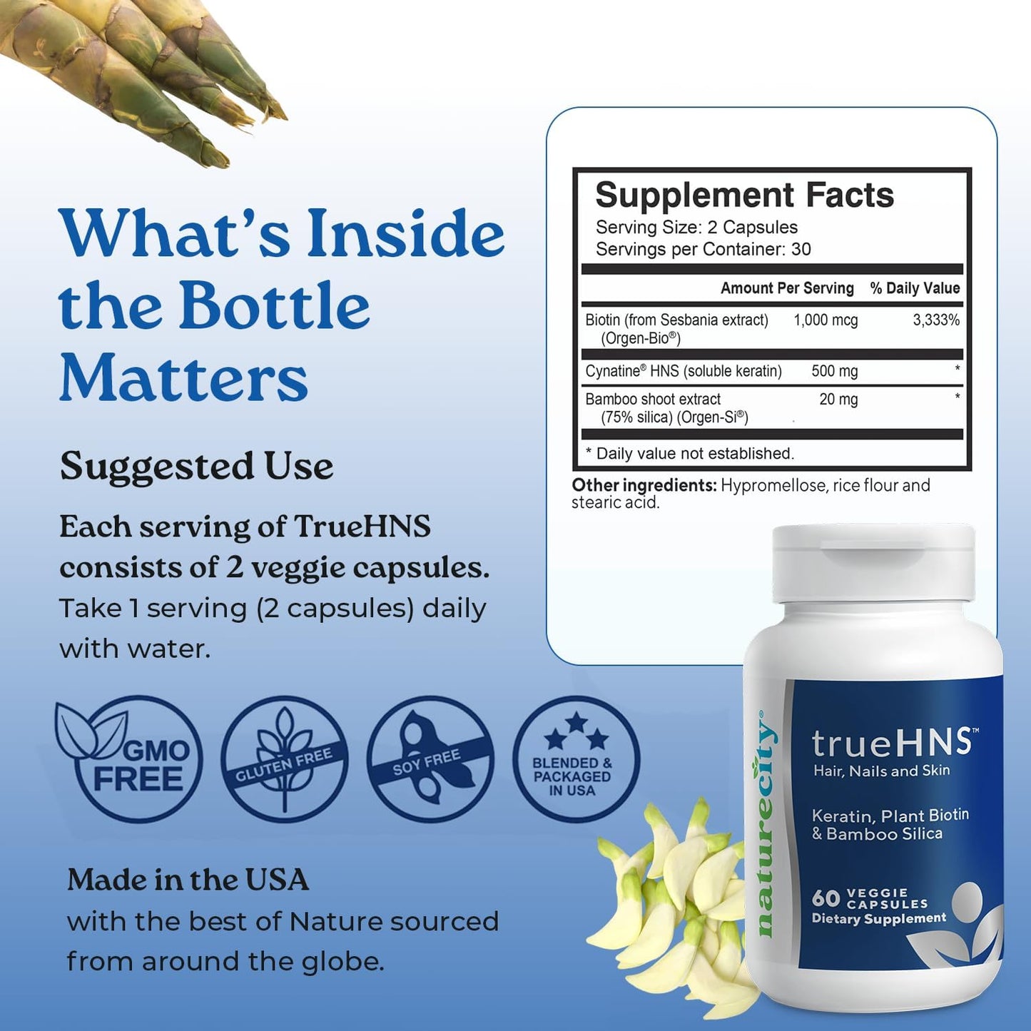 NatureCity True-HNS Hair Nails and Skin Cynatine Keratin and Plant Based Biotin Vitamin Supplement | Fuller and Stronger Hair and Nails | Non-GMO | 60 Veggie Capsules - görsel 4