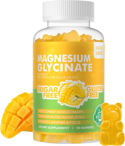 Novomins Nutrition Magnesium Glycinate Gummies 1000mg - Sugar Free Magnesium Potassium Supplement with Vitamin D, B6, CoQ10 for Relaxation & Sleep Support - 90 Raspberry Gummies