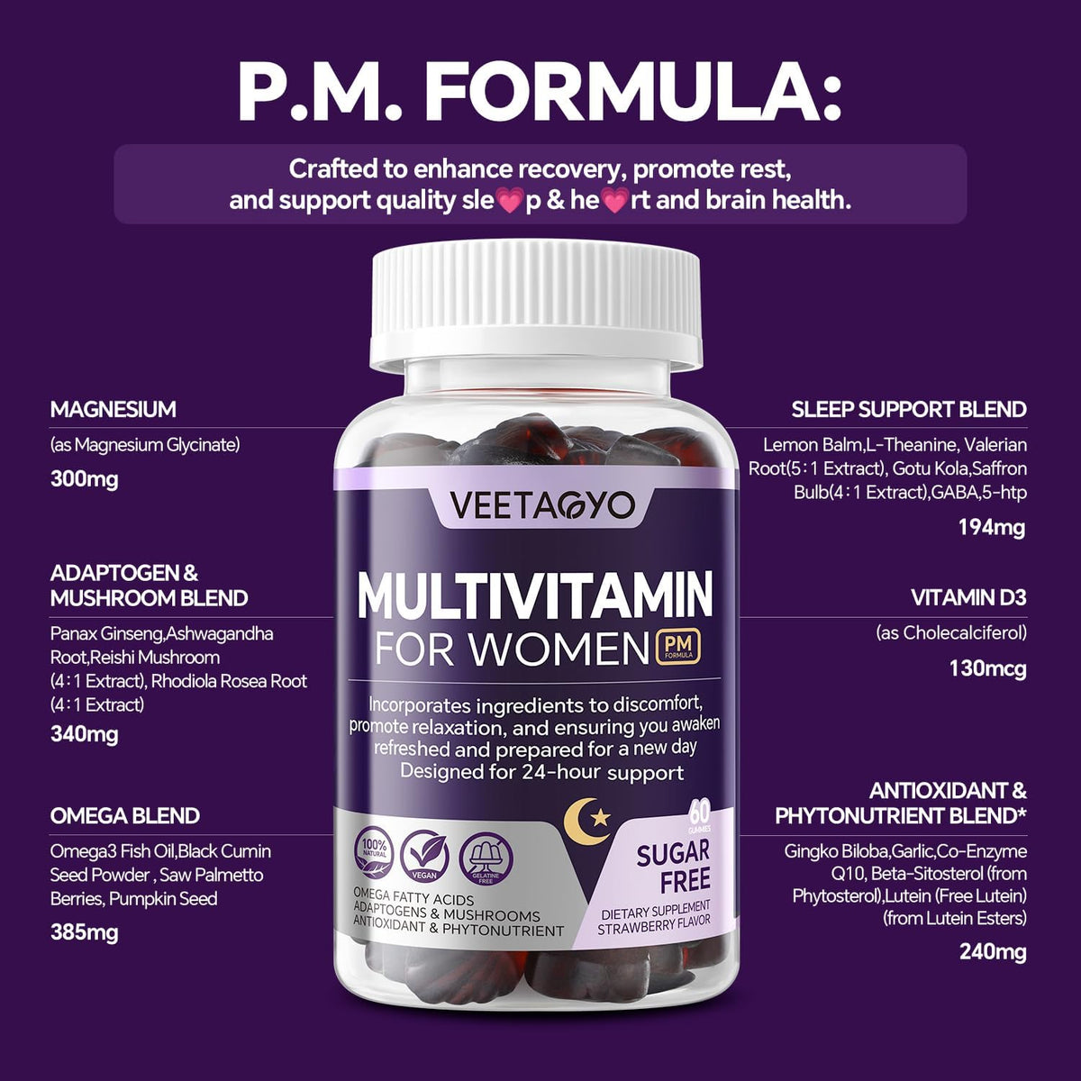VEETAGYO Multivitamin for Women AM & PM – Sugar-Free, Vegan, 120 Gummies - görsel 5