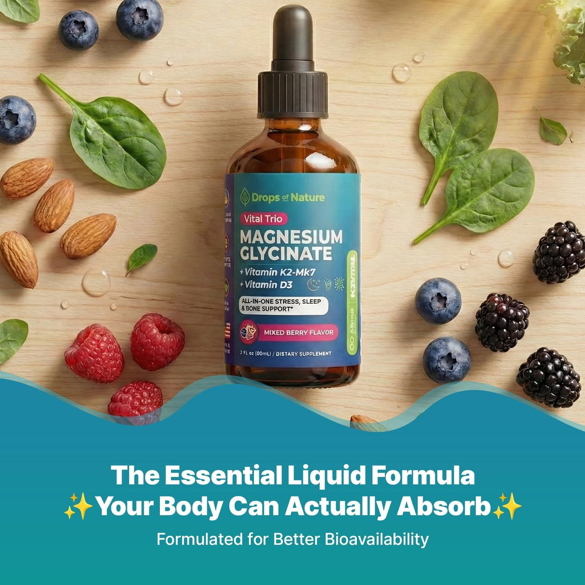 Drops Of Nature Magnesium Glycinate, Vitamin D3 & K2 Liquid Supplement – Mixed Berry, 60 mL - görsel 6