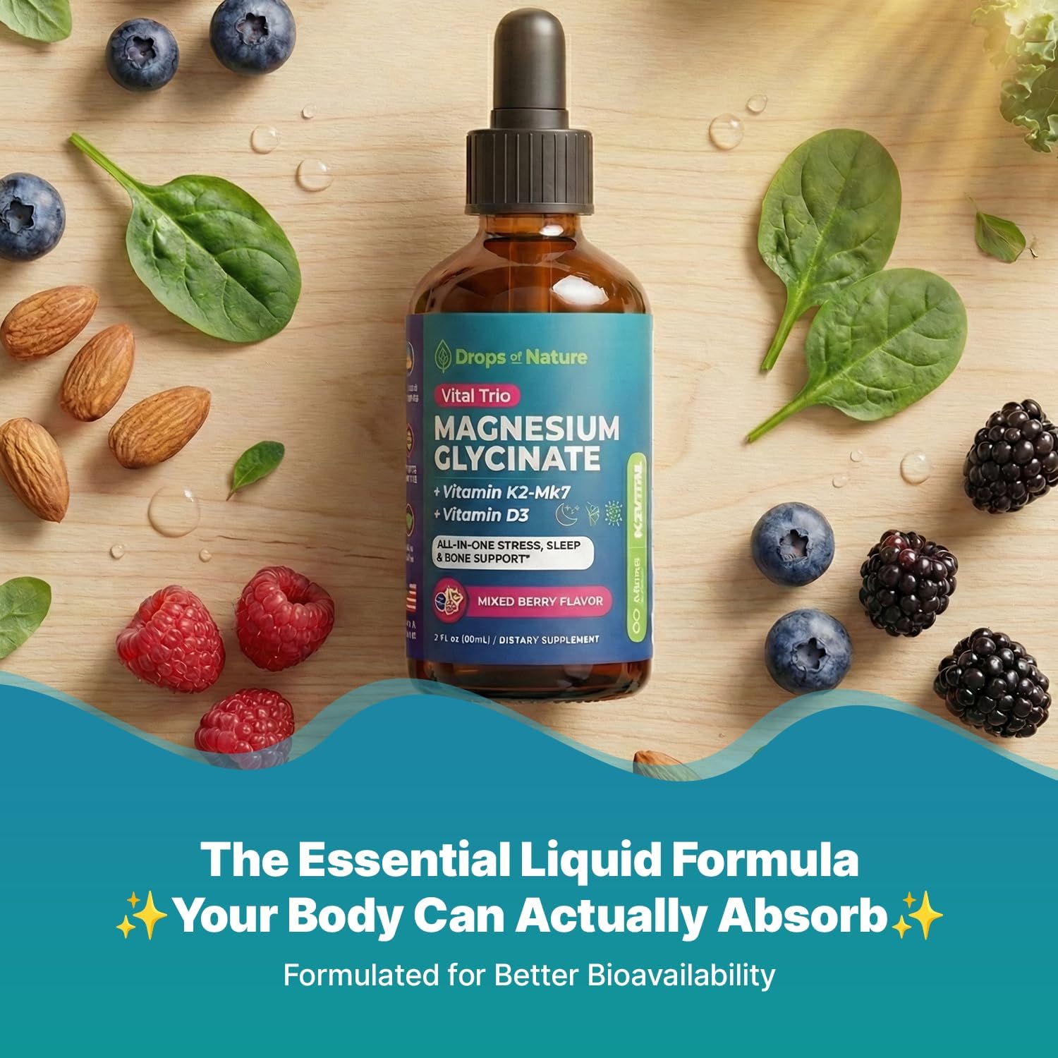 Drops Of Nature Magnesium Glycinate, Vitamin D3 & K2 Liquid Supplement – Mixed Berry, 60 mL - görsel 6